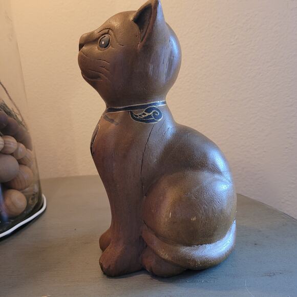 Vintage wood cat figurine MCM kitty 8" decor - Picture 8 of 9